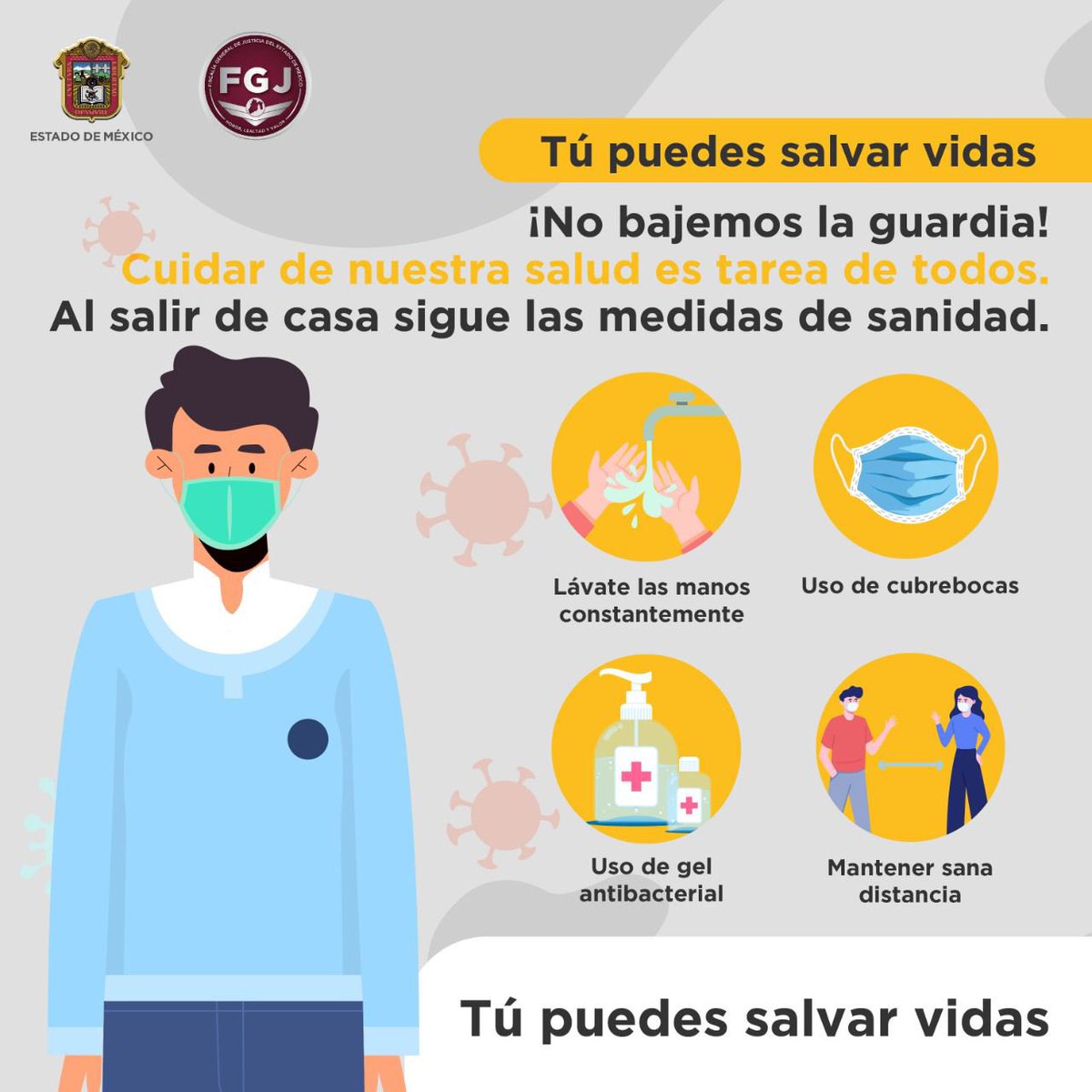 ¡No bajemos la guardia! Estamos en #SemáforoAmarillo por lo que al salir de casa no olvides seguir las medidas de sanidad recomendadas. #TúPuedesSalvarVidas