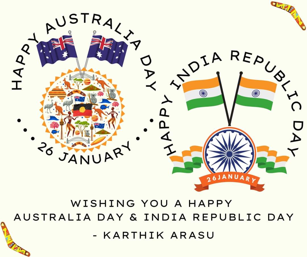 Wishing you a Happy Australia Day 🇦🇺 &amp; India Republic Day 🇮🇳 Proud to be Indian Australian!

#26January #AustraliaDay #IndianAustralians #IndiaRepublicDay #australiaindians #AustraliaIndia