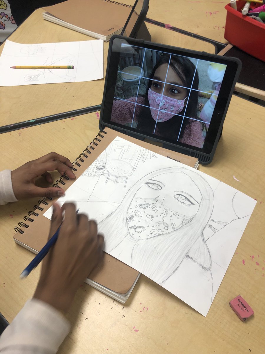 MissGrimsArt's tweet photo. Students in 5th are using the grid app to create foreshortened self-portraits #gridapp #portraits #selfportraits #multimediaart #k12art https://t.co/Zot0ZMyPg8