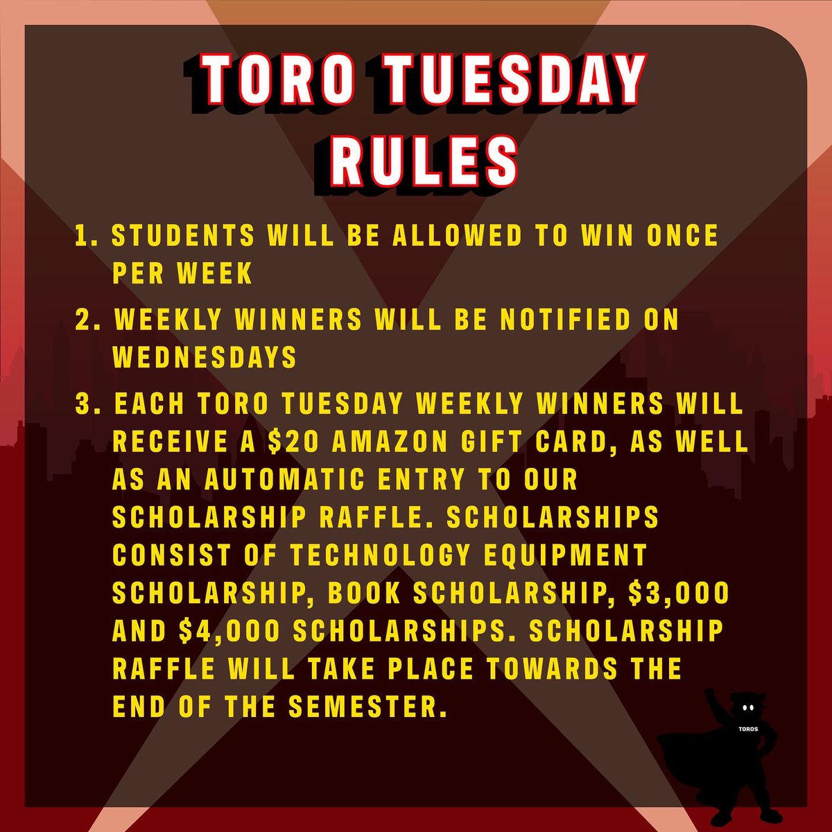 ASICSUDH's tweet photo. #ASIToroTuesday IS BACK, TOROS!๐ค
Starting next Tuesday February 1st, join us every Tuesday this semester by showing your CSUDH school spirit! Students will have the opportunity to participate in Toro Tuesday, virtually or in-person. #ASICSUDH #CSUDH #TorosTogether https://t.co/xSOcjJjMpk