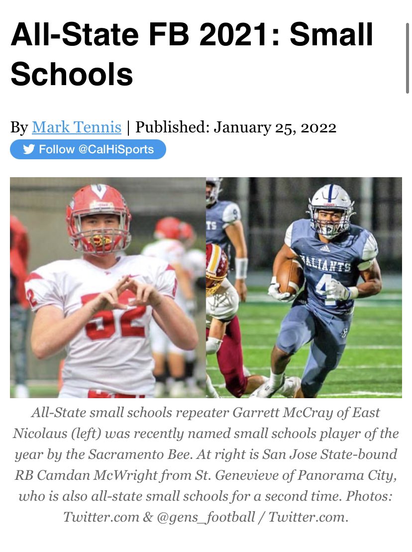 East Nicolaus HS Softball (@enhs_softball) on Twitter photo Congratulations to Garrett McCray, Sac Bee Small School Player of the Year and Cal High Sports All-State, 1st Team. <a href="/CalHiSports/">Cal-Hi Sports</a> <a href="/SacBee_JoeD/">Joe Davidson</a> <a href="/gmccray52/">Garrett McCray</a> <a href="/EastNicFootball/">East Nicolaus Football</a> Congratulations to Garrett McCray, Sac Bee Small School Player of the Year and Cal High Sports All-State, 1st Team. <a href="/CalHiSports/">Cal-Hi Sports</a> <a href="/SacBee_JoeD/">Joe Davidson</a> <a href="/gmccray52/">Garrett McCray</a> <a href="/EastNicFootball/">East Nicolaus Football</a>