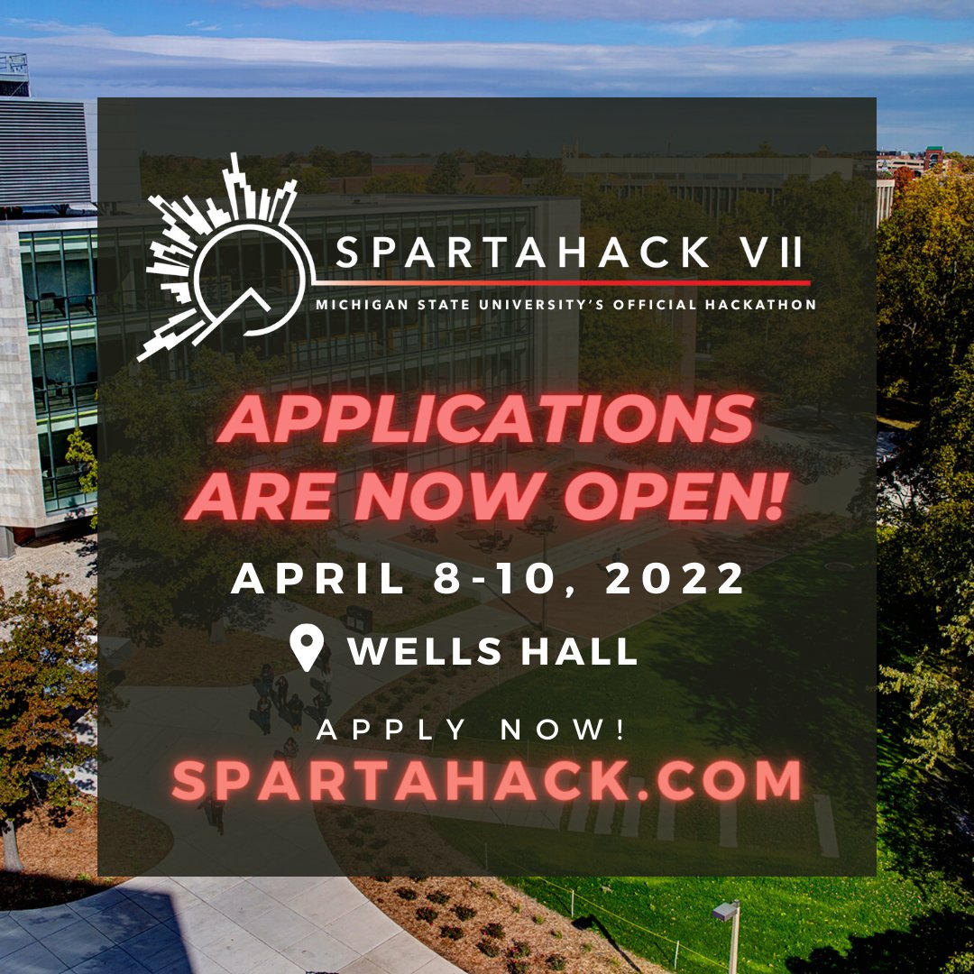 SpartaHack's tweet photo. ❗️ Spartahack Applications are now open for 2022!
💻 We’re happy to announce that Spartahack VII will be in-person in Wells Halls at Michigan State.
🗓 Join us from April 8-10th, 2022 for free food &amp; swag.
APPLY NOW 🔗 https://t.co/yL0KgzrICf 
👋🏻 Hope to see you there! https://t.co/vpHPAtN6jb