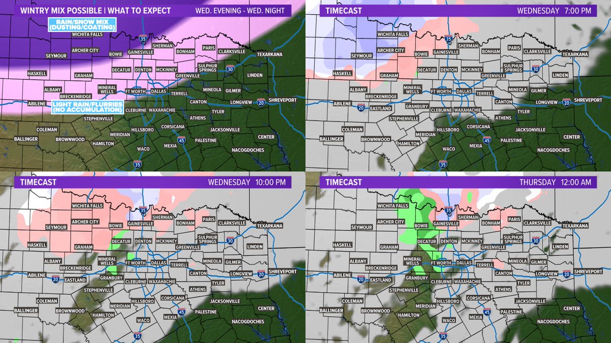 wfaaweather's tweet photo. Are you stocked up on bread? milk? toilet paper??

Some light rain or FLURRIES possible while you are sleeping Wednesday night. IF any accumulation occurs, a light rain/snow mix is possible for northwestern North Texas that could amount to a dusting or a coating. #wfaaweather https://t.co/XgYiZLO6Ae
