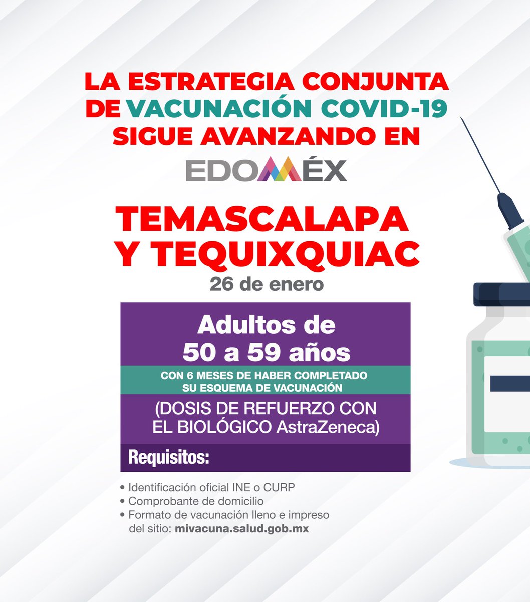 alfredodelmazo's tweet photo. Mañana 26 de enero aplicaremos la dosis de refuerzo a los adultos de 50 a 59 años en #Temascalapa y #Tequixquiac. #EstrategiaDeVacunación https://t.co/6I72o4T9yi