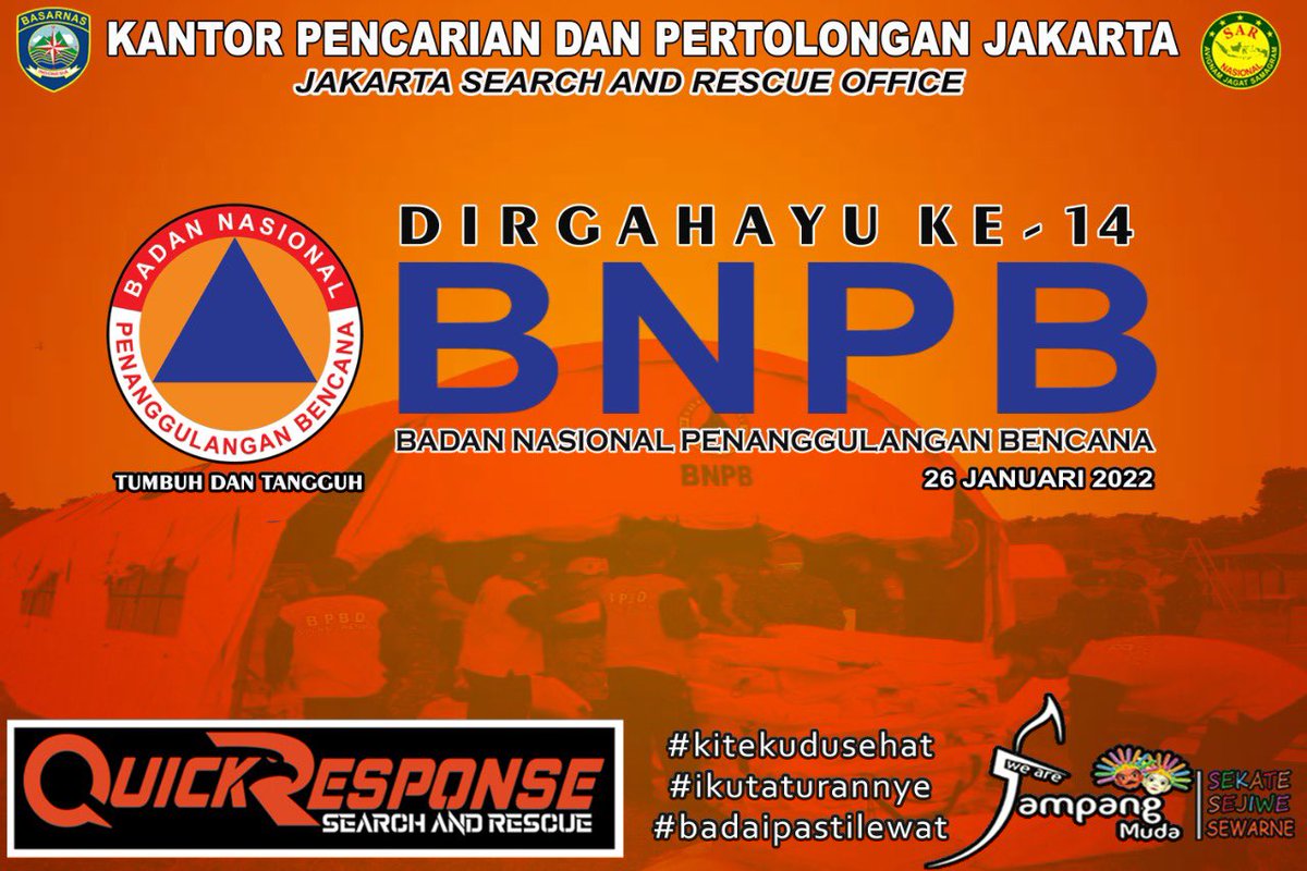 Segenap keluarga besar Kantor Pencarian dan Pertolongan Jakarta mengucapkan

“Dirgahayu Ke-14 Badan Nasional Penanggulangan Bencana”

Tangguh dan Tumbuh!

#Basarnas #HUTBNPB #Kitekudusehat #Ikutaturannye #Badaipastilewat