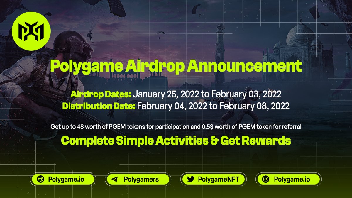 🔥 Polygame #Airdrop (PGEM)
⭐️⭐️⭐️⭐️⭐️
🎁 Prize Pool: 100,000 PGEM
💰 Reward: $4 in PGEM
👥 Referral: $0.5 in PGEM

🔗 Airdrop Link: t.me/PolygameAirdro…

• Follow @polygamers

🌐 About Polygame: Visit – polygame.io