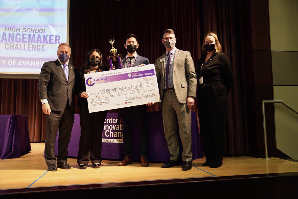 UEvansville's tweet photo. Congratulations to Naina Muvva and Kerry Ao who took first place at today’s final round of the High School Changemaker Challenge! Their idea, Intertwined Financial Literacy, earned them full tuition scholarships to UE. https://t.co/rrmMLSSBKN
