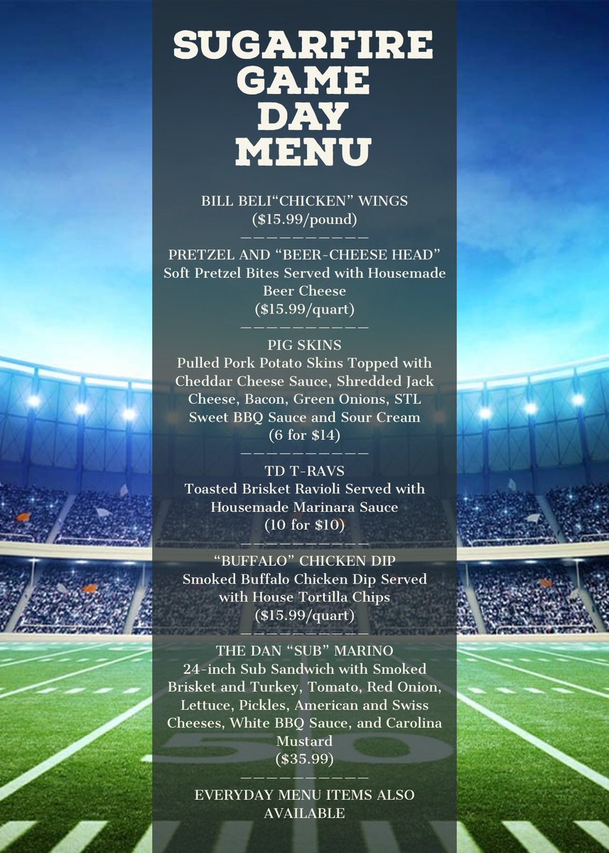 🚨GIVEAWAY ALERT🚨

Like and RT this tweet for your chance to win a $25 Sugarfire Gift Card!*

We’ll randomly select someone from here or our corresponding IG/FB posts (one individual in total) and announce the winner tomorrow.

(Game Day orders due by 2/10 for pickup on 2/13)