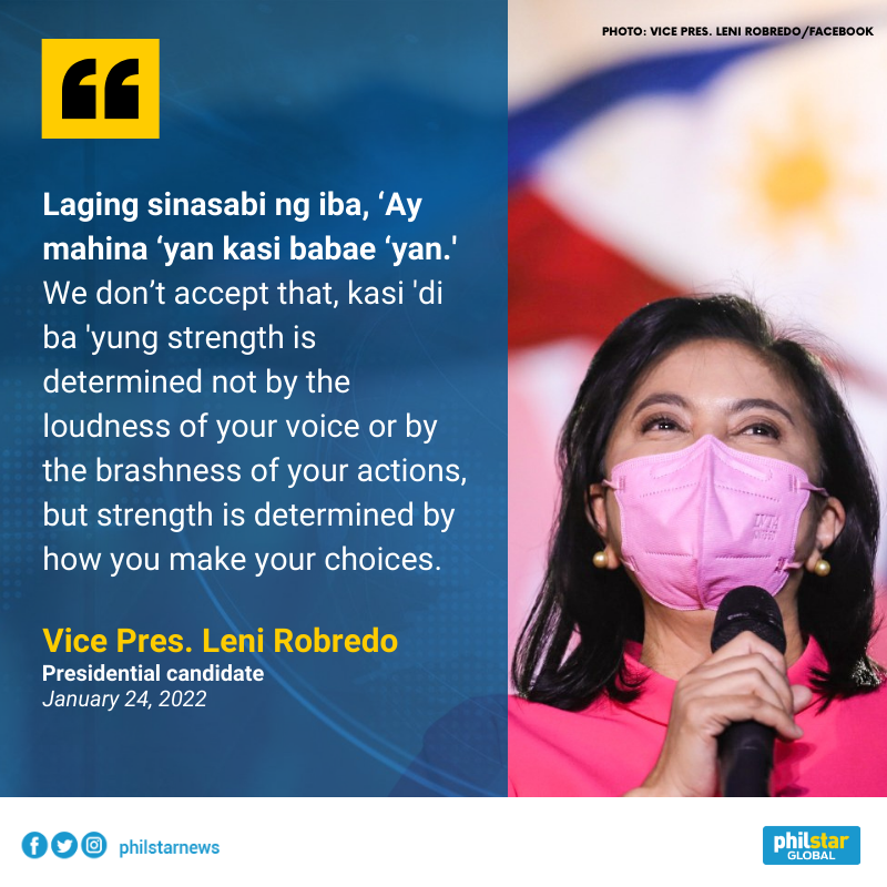 PhilstarNews's tweet photo. 'STRENGTH IS DETERMINED NOT BY THE LOUDNESS OF YOUR VOICE'

Presidential candidate Vice President Leni Robredo hits critics who call her weak for being a woman. https://t.co/jqzmKqJnVi