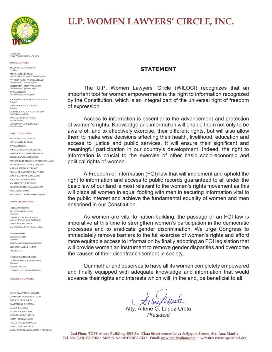 foi_ph's tweet photo. In its Statement of Support, UP WILOCI recognizes FOI as an important tool for Filipino women’s empowerment which “strengthens women’s participation in the democratic process” and which affords them a “more equitable access to information.”
#PassFOINow
#FOIPh https://t.co/pBy7UqkiIp