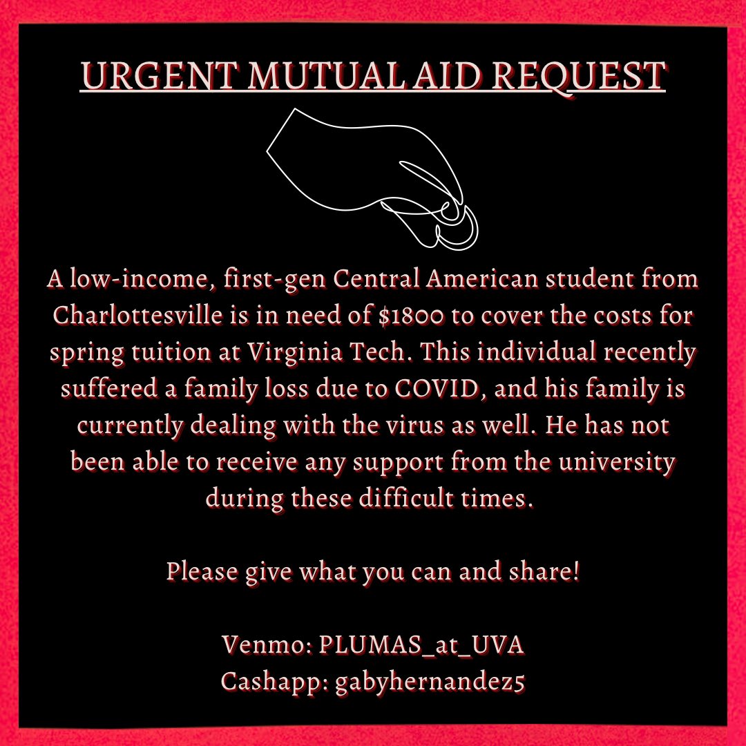 plumas_at_uva's tweet photo. 🚨 MUTUAL AID REQUEST 🚨 

A member of the Charlottesville community is in need of urgent funds to pay for spring tuition at VT. 

Please donate and share if possible! https://t.co/63nKxw3kW6