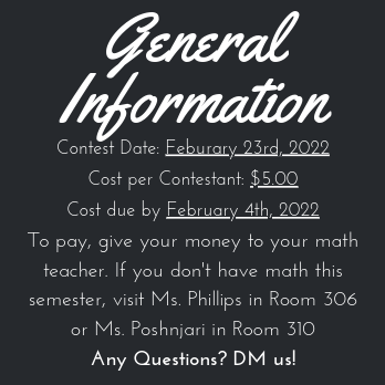 fmm_mathletes's tweet photo. Hey McGivney! If you are interested in testing your math skills, here are some more Waterloo contests coming up, and we want you to sign up! To do so, you can visit Ms. Phillips in Room 306 or Ms. Poshjari in Room 310, and the cost will be $5, due by February 4th. Good luck! https://t.co/CKbfWKvhuE
