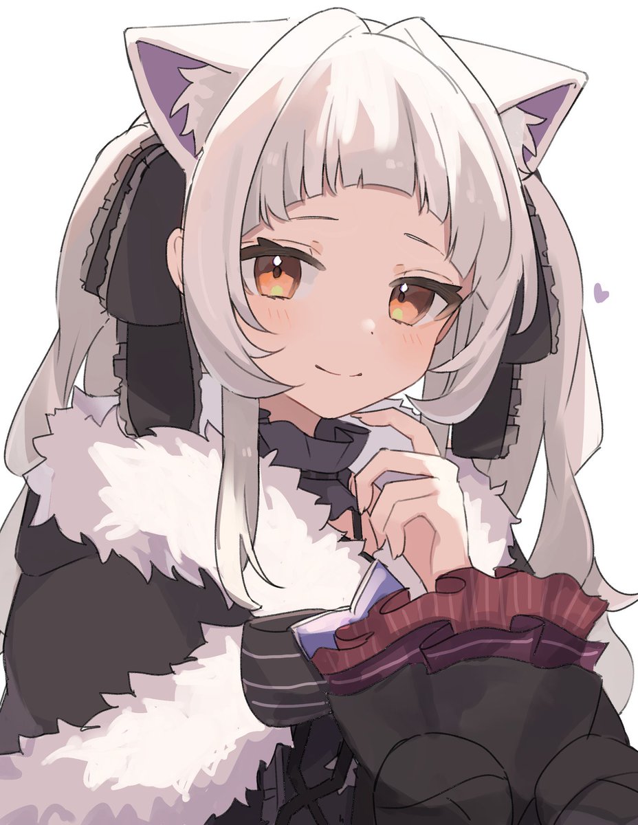 murasaki shion animal ears cat ears 1girl smile white background long hair grey hair  illustration images