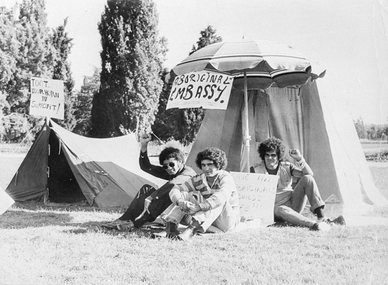 AIATSIS's tweet image. Erected in 1972, today marks the Aboriginal Tent Embassy's 50th continuous year of occupation, making the site the longest protest for Indigenous land rights, sovereignty and self-determination in the world. To commemorate this occasion, we're sharing images from our Collection.
