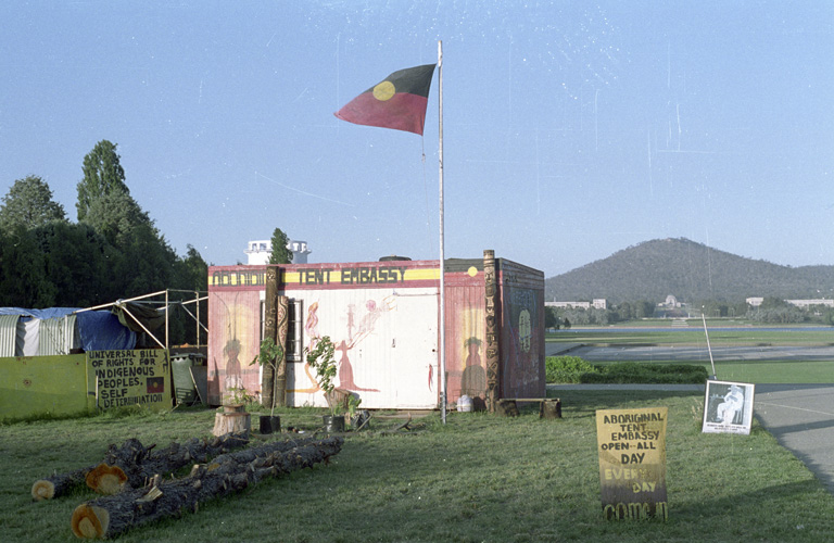 AIATSIS's tweet image. Erected in 1972, today marks the Aboriginal Tent Embassy's 50th continuous year of occupation, making the site the longest protest for Indigenous land rights, sovereignty and self-determination in the world. To commemorate this occasion, we're sharing images from our Collection.