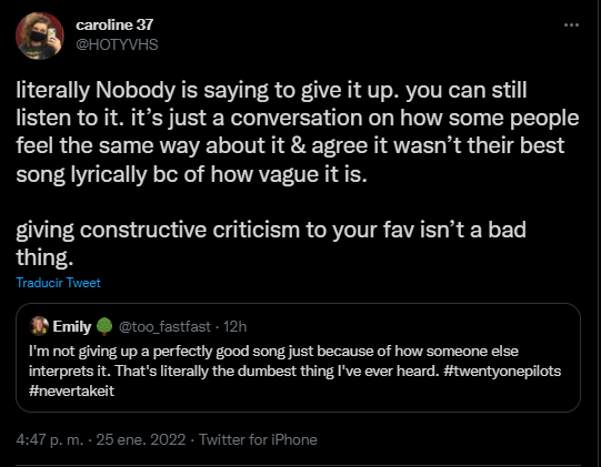 lattenightalkin's tweet photo. the fact is you're not giving it ''constructive criticism'', you guys are REALLY telling Tyler, hey dude, I didn't like this song, can you write it AGAIN ??? just no #nevertakeit https://t.co/ATwRPQO5yE