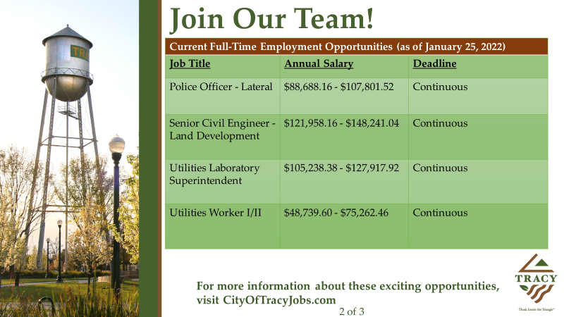 cityoftracy's tweet image. Are you ready to work #InsidetheTriangle? Three more recruitments have begun since our last update! 

For details and to apply, visit: governmentjobs.com/careers/tracyca.

Please share!

#TracyCA #CityOfTracy #WorkInsideTheTriangle #ThinkInsideTheTriangle