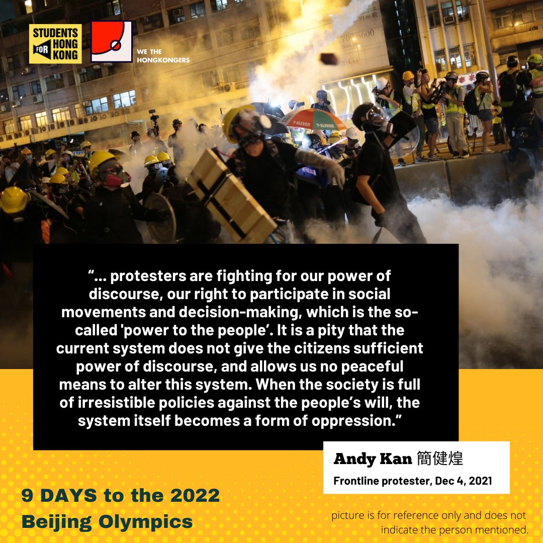 students4hk's tweet photo. 🚨9 days #CountdownToBeijing2022

“When injustice becomes law, resistance becomes a duty.” The HK gov't’s ignorance of our voices forced us to take to the streets. 26-yr-old Andy Kan, among many others, was jailed for protesting. But there's no rioters, only tyranny. https://t.co/dYbNhEy24t