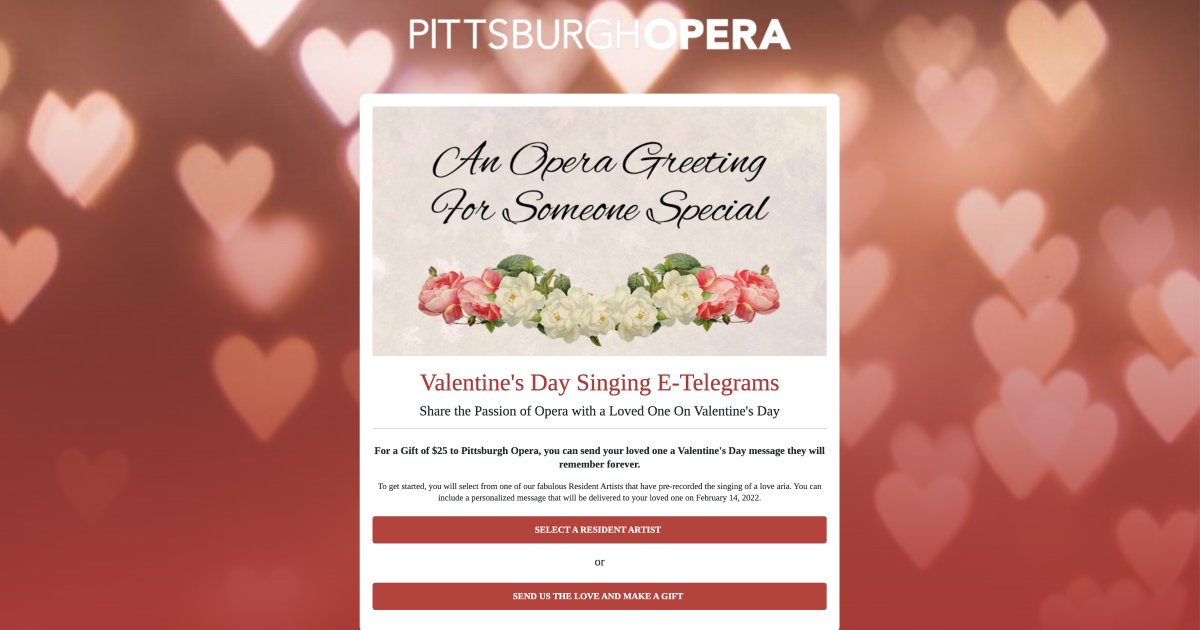 pro2stephen's tweet photo. Another great example of how @tessnetwork members are using @hellodonate2 to think outside the cart. @PittsburghOpera 

Valentine's Day Singing E-Telegrams
Share the Passion of Opera with a Loved One On Valentine's Day

https://t.co/aM1plZW1lm https://t.co/fX7KLwPHcx