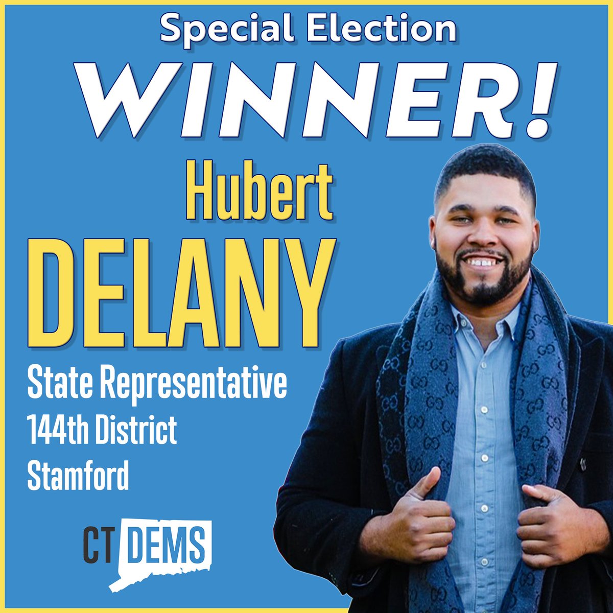 CTDems's tweet photo. Hubert Delany WINS in today’s special election. Welcome to the CT General Assembly, @HueyD23! https://t.co/mftGSf866N