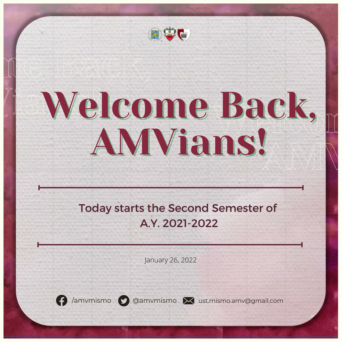 amvmismo's tweet photo. AMVians, we need to get back to reality!🥲

Today, a new semester has officially begun. Kick start this semester with a positive attitude. MISMO wishes you a fruitful semester. 

Welcome back, AMVians!

#eMpoweringAMVitions
#AMVCOMELEC2122 https://t.co/6BJuFDzhsF
