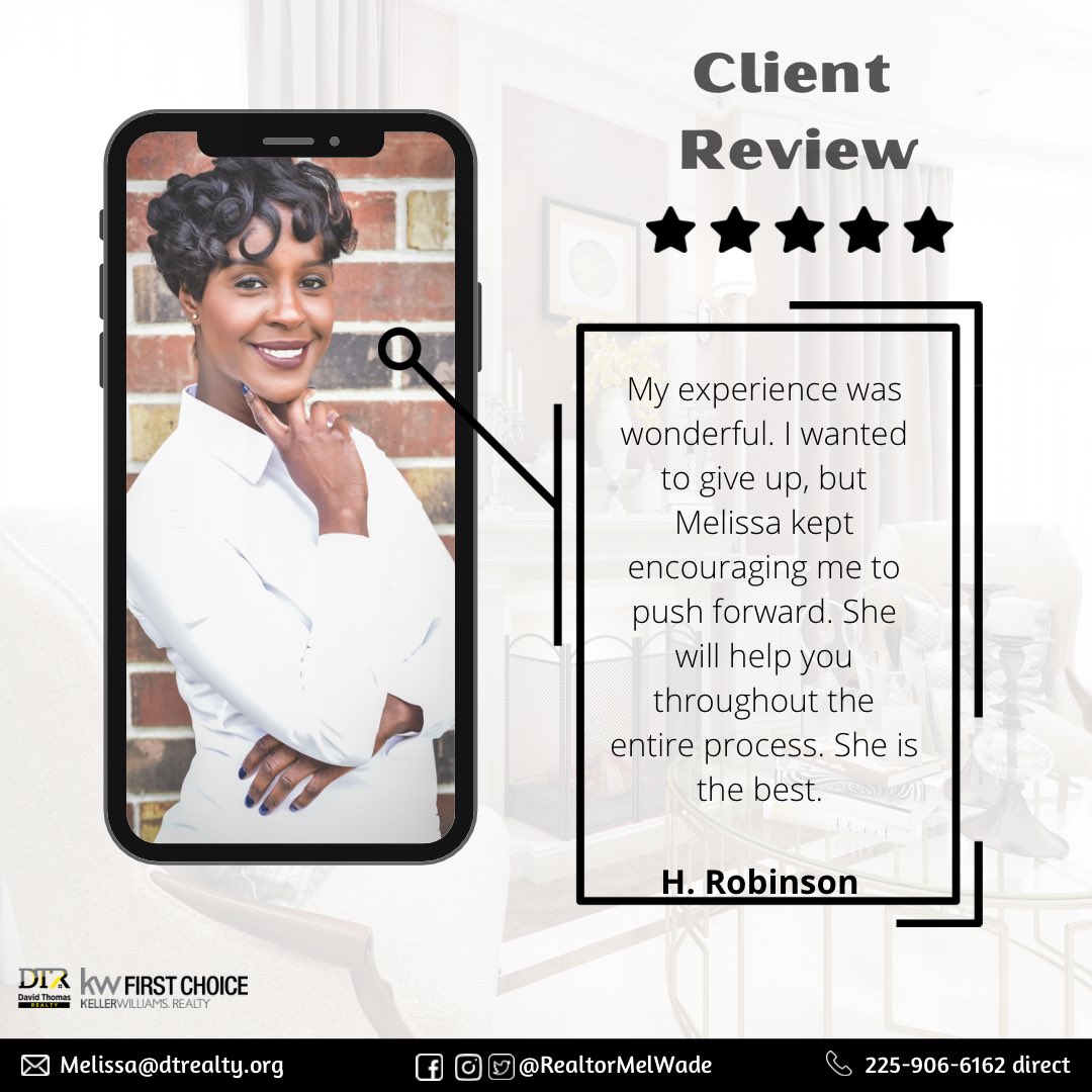 RealtorMelWade's tweet photo. It’s #TestimonialTuesday 

Helping my clients achieve their real estate goals will forever be my top priority! Are you in the market to purchase your new home or sell your existing home? Not sure how to get started?
Let’s connect.

Melissa Wade | Realtor®
225-906-6162 direct https://t.co/zZZTDCvS4f