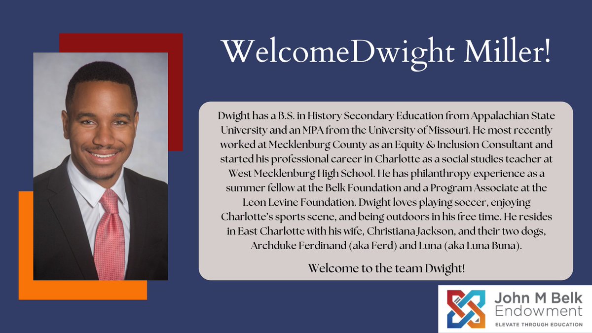 BelkEndowment's tweet photo. With the new year, we have added some new team members. First, join us in welcoming Dwight Miller, one of two new Impact Officers. Dwight brings a wealth of experience in educational policy and DEI initiatives to JMBE. We are so excited to work with you! Welcome Dwight! https://t.co/sOTrNrYaBp