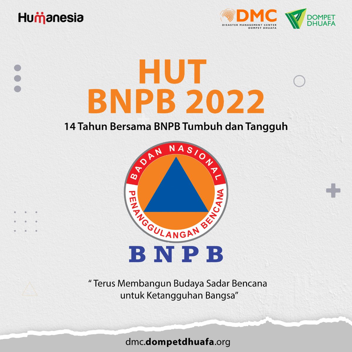 Dirgahayu BNPB Ke - 14

Semoga semakin tumbuh dan tangguh dalam melakasanakan tugas dan kewajiban penyelenggaraan penanggulangan bencana bagi Negara Kesatuan Republik Indonesia.

Salam Tangguh, Salam Kemanusiaan

#HUTBNPB #Salamtangguh #SalamKemanusiaan #Bencana