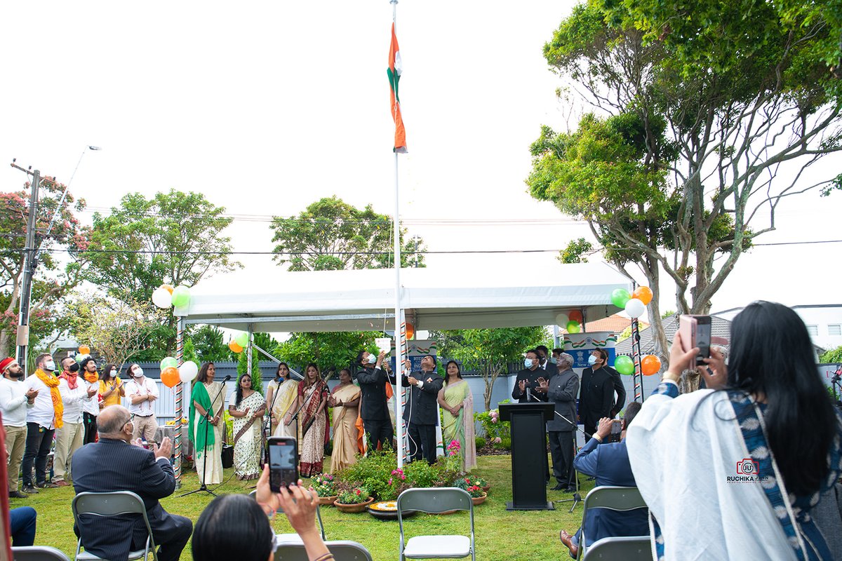 IndiainNZ's tweet photo. #AmritMahotsav 
HC @MukteshPardeshi hoisted the Indian National Flag on the occasion of 73rd Republic Day of #India at India House. Leaders &amp; members of Indian community attended the #Celebration. 
@MEAIndia @DrSJaishankar @M_Lekhi @narendramodi @DDNewslive @DDIndialive @iccr_hq https://t.co/pM7aX0V7qX