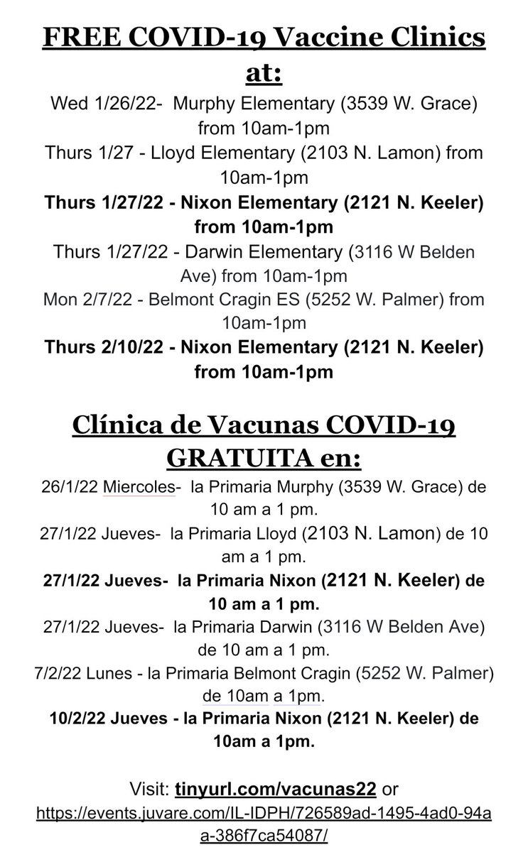 Free vaccination sites near Nixon this week!  | ¡Sitios de vacunación gratuitos cerca de Nixon esta semana!  events.juvare.com/IL-IDPH/726589…