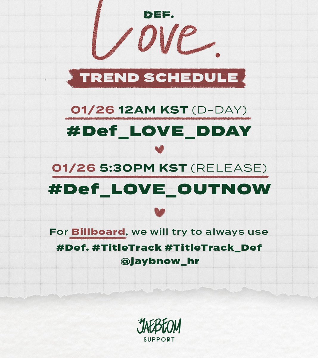 [เทรนด์] Def. 1st EP ‘Love.’

2022.01.26 วันนี้
15:30 น. - #.Def_LOVE_OUTNOW

+ ดัน Billboard จะใช้ #Def. #(TitleTrack) #(TitleTrack)_Def 

*title track รอเพลงปล่อย 
#Def #JAYB #제이비 #JAEBEOM <a href="/jaybnow_hr/">.</a> #Love