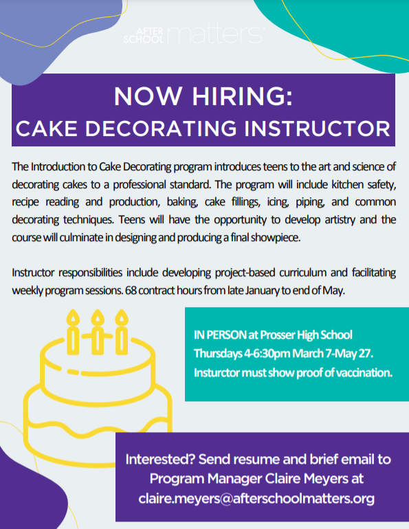 AftrSchoolMttrs's tweet photo. Love baking and working with Chicago teens?
After School Matters is now hiring a Cake Decorating instructor for this spring session! π Email your resume and a brief cover letter outlining your interest and experience to: claire.meyers@afterschoolmatters.org #instructorsMATTER https://t.co/CgN58L6BH7