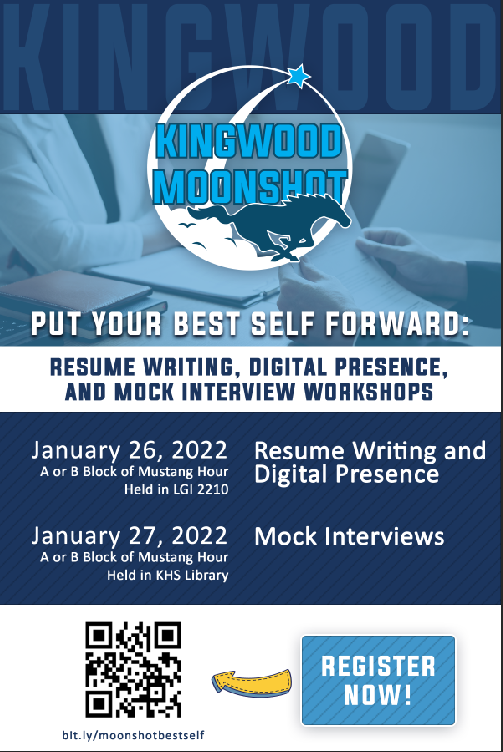 KHS_Moonshot's tweet photo. KHS Moonshot Presents: Put Your Best Self Forward! Interested students can attend workshops on creating high quality digital and paper resumes as well as practicing their interviewing skills on Jan 26th and 27th during Mustang Hour.  To register visit https://t.co/hQYHke4KGq https://t.co/oCS6yliYG5