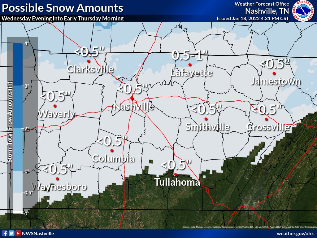 NWSNashville's tweet photo. Say it ain't s(n)o(w)! More wintry weather is possible tomorrow night across #MiddleTennessee, as rain develops Wed afternoon then changes to a brief wintry mix and/or light snow Wed evening before ending by early Thu morning. A light glaze of ice &amp; up to 1/2" of snow is possible https://t.co/qimDvmDZuy