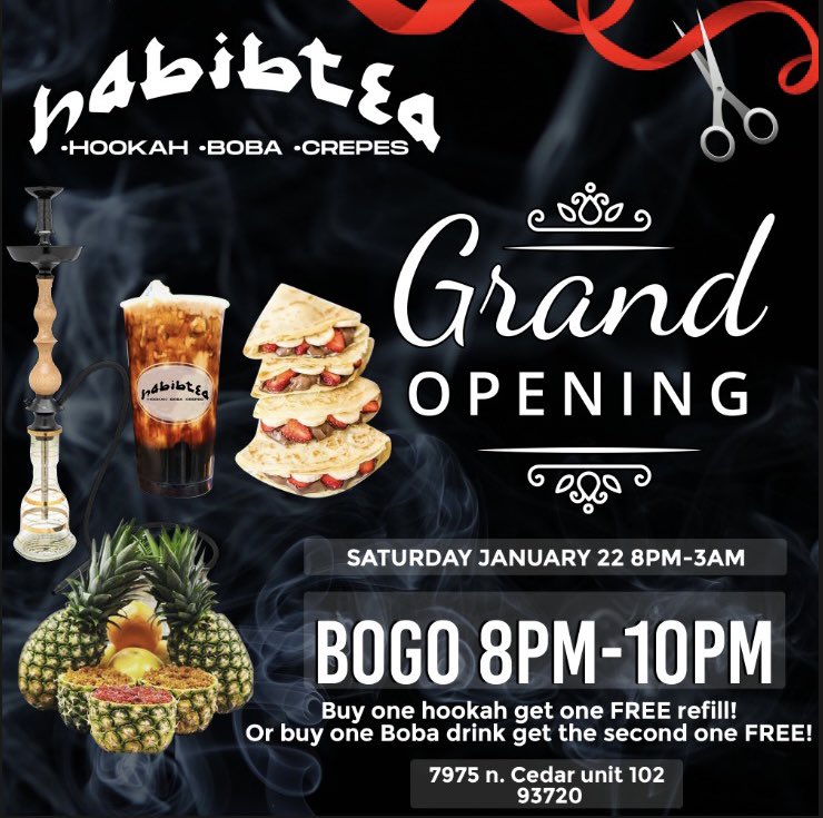 Grand Opening this Saturday for My Hookah Lounge! 
21+ For Hookah side 
All ages for Boba &amp; Crepes