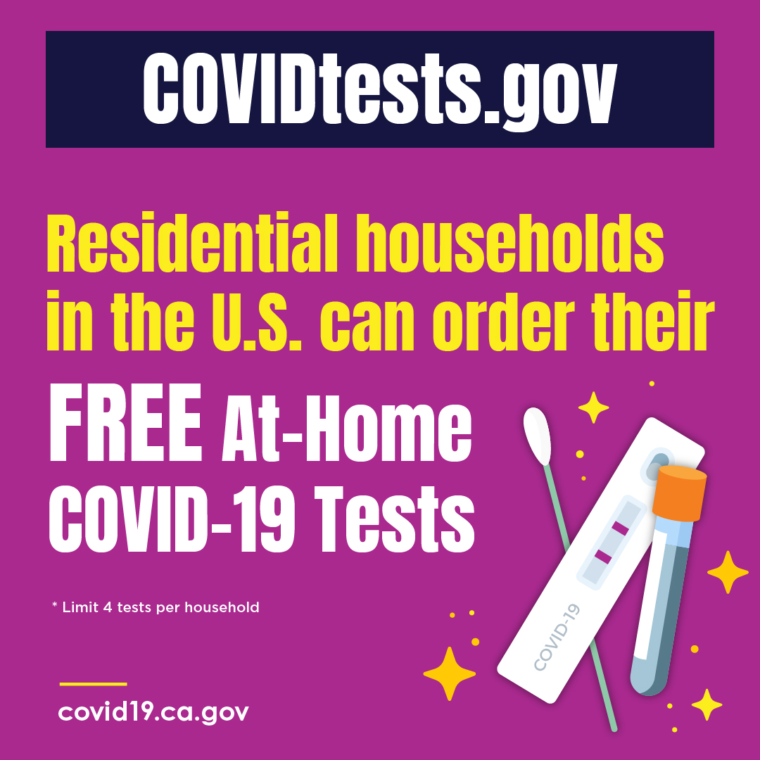 Every home in the U.S. is now eligible to order 4 free at-home, rapid COVID-19 tests. Getting tested, along with vaccinations and masking, help us reduce the chances of spreading COVID-19 and its variants. For free at-home COVID-19 tests, visit covidtests.gov