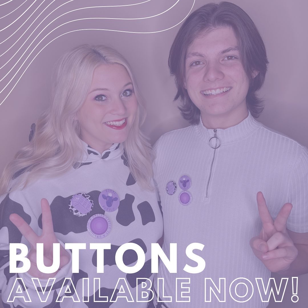 PurpleVictory's tweet photo. Tell all your friends!! 🥳 Buttons are officially here and for sale! https://t.co/jb9Xv0GjX9