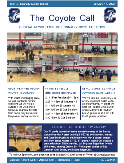 ConnallyCoyotes's tweet photo. @NISDConnally Coyotes Boys Basketball takes 3 of 4 from Zachry, big games against Rayburn this week, the first day of track practice announced, and so much more in this week's edition of The Coyote Call! #SHARP #3DLifestyle #GoCoyotes https://t.co/OeQc0iOxvY