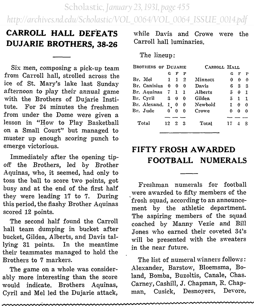 NDArchives's tweet photo. 01/18/1931: A pick-up team from #NotreDame's Carroll Hall (the western wing of Main Building) play their annual game with the Brothers of Dujarie Institute (now Carroll Hall). The freshmen were given a lesson in "How to Play Basketball on a Small Court" &amp; emerged victorious https://t.co/NUDc47BctV