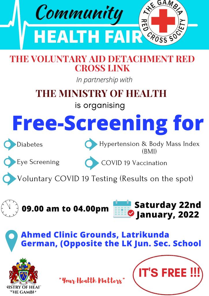 GambiaRedCross's tweet image. Here&apos;s an opportunity to get screened, vaccinated &amp;amp; get to know more about common health conditions with @GambiaRedCross health fair organised by the Voluntary Aid Detachment.

Doctors, Nurses and Eye specialists will be on the ground on the day

&quot;You matter, your health matters&quot;