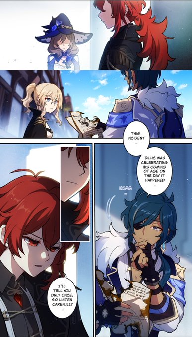 the full context to this panel is diluc and kaeya telling lisa and jean about the night crepus died so tldr lisa only has diluc's account of what happened that night and jean has kaeya's 