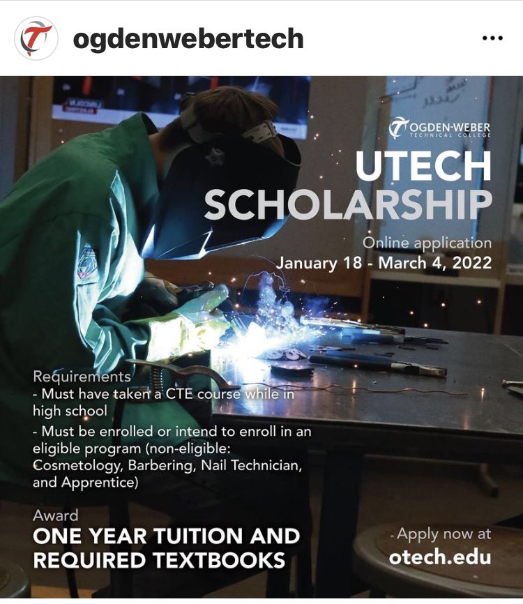 OTechPresident's tweet photo. If you know a graduating senior, have them apply for the UTECH scholarship. Pays tuition, fees, and textbooks for an entire @OgdenWeberTech  college program. https://t.co/Q1XGE1X1dm #educationthatpays https://t.co/M6uhdZocKi