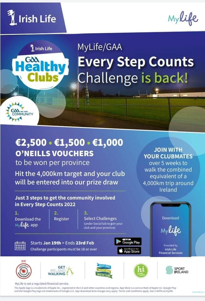 Every Step Counts Challenge starts tomorrow 19th help us reach 4,000 km by downloading the My Life app, sign up and select St. Fanahans Camógie&amp; Mitchelstown Ladies Football.
mylife.irishlife.ie/home
<a href="/Ballygiblingaa/">Ballygiblin GAA</a>
<a href="/MBJC_gaa/">Mitchelstown Ballygiblin Juvenile Club</a> <a href="/GaaMitchelstown/">Mitchelstown Gaa</a> <a href="/BallygiblinNS/">Ballygiblin National School</a> <a href="/BunscoilNaToirb/">Bunscoil na Toirbhirte</a>