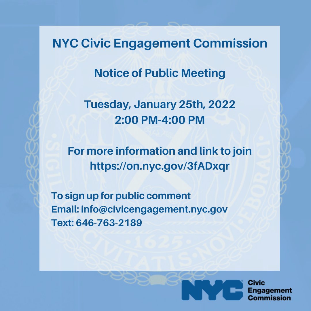 NYCCEC's tweet photo. Join the next meeting of The Civic Engagement Commission:
Tuesday, January 25th, 2PM to 4PM

For more information on attending:
https://t.co/RHkkCltwnm

To sign up for public comment
Email: info@civicengagement.nyc.gov  
Text: 646-763-2189 https://t.co/PuQwMMyvW0