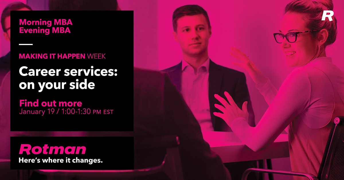RotmanMBAMFin's tweet image. Seeking job joy? How about a career coach for 3 years? Plus access to industry advisors? buff.ly/3FT8Hoz. Morning/ Evening MBA students get this and more from our Career Services team. Find out what they can do for you: Wed. Jan. 19, 1:00-1:30 pm EST. #mba @rotmanschool