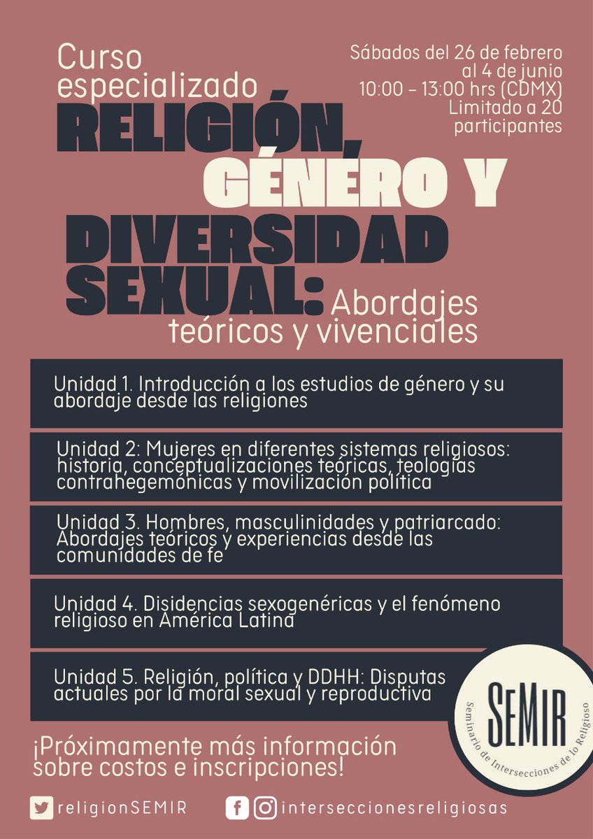 ReligionSEMIR's tweet photo. ¿Te interesaría profundizar sobre la relación entre religión, género y diversidad sexual? 
¡Este curso es para ti! 
Muy pronto más información 👀 https://t.co/yaf0x01dIi