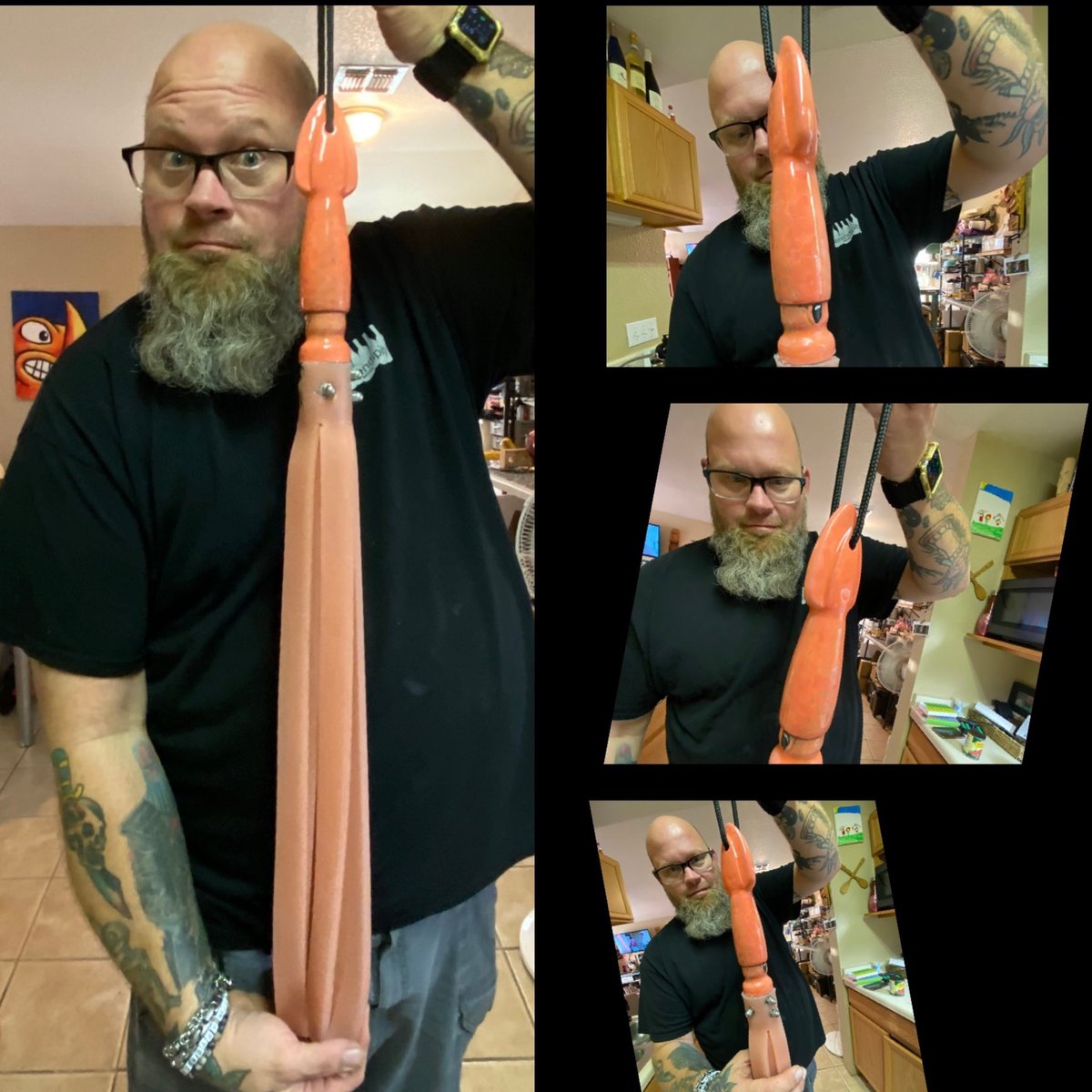 penguinafterdrk's tweet photo. I don’t know if this should be called Squid or Calamari. Hand carved and painted handle with 20” silicone falls. This one is spoken for but another can always be made!
.
.
.
#penguinafterdark #handmadekink https://t.co/S0Fnnk42Sv