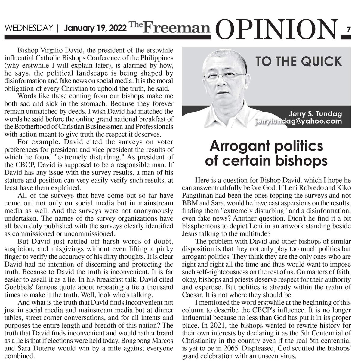 JstToTheQuick's tweet image. Here is a ? for #BishopDavid, which I hope he can ans truthfully b4 God: If #Robredo and #Pangilinan had been the ones topping the surveys &amp;amp; not #BBM and #Sara, would he have cast aspersions on the results, finding them "extremely disturbing" &amp;amp; a disinformation, even #fakenews?