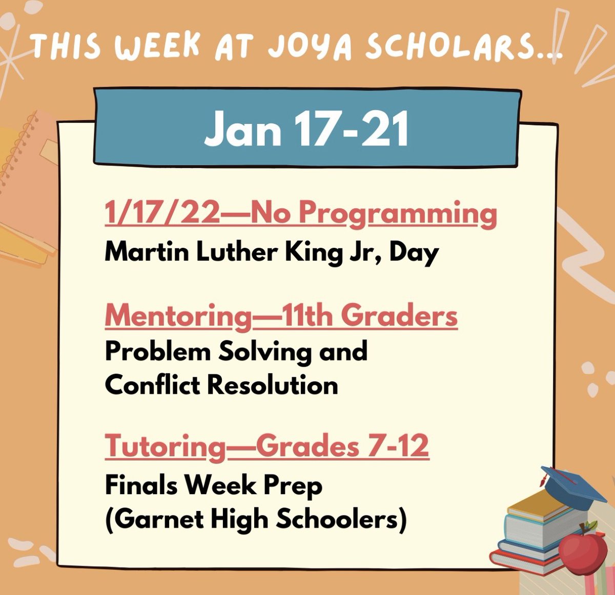 This week VIRTUAL Mentoring &amp; Tutoring continues—JUNIORS take on Problem Solving/Conflict Resolution activities, Garnet high schoolers prep for finals week, and Elementary After School Program returns in-person. We believe all students should have the necessary tools to succeed!