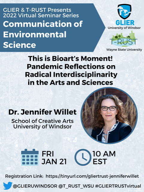 GLIERUWINDSOR's tweet photo. 🌟Join us for #GLIERTRUSTvirtual 1st speaker Dr. Jennifer Willet! This FRIDAY 10AM ET she will present This is Bioart’s Moment! Pandemic reflections on radical interdisciplinarity. All are welcome! Register at: https://t.co/4oCvdxUZix 
@incubatorartlab @glieruwindsor @t_rust_wsu https://t.co/Oe7yA0hdgn